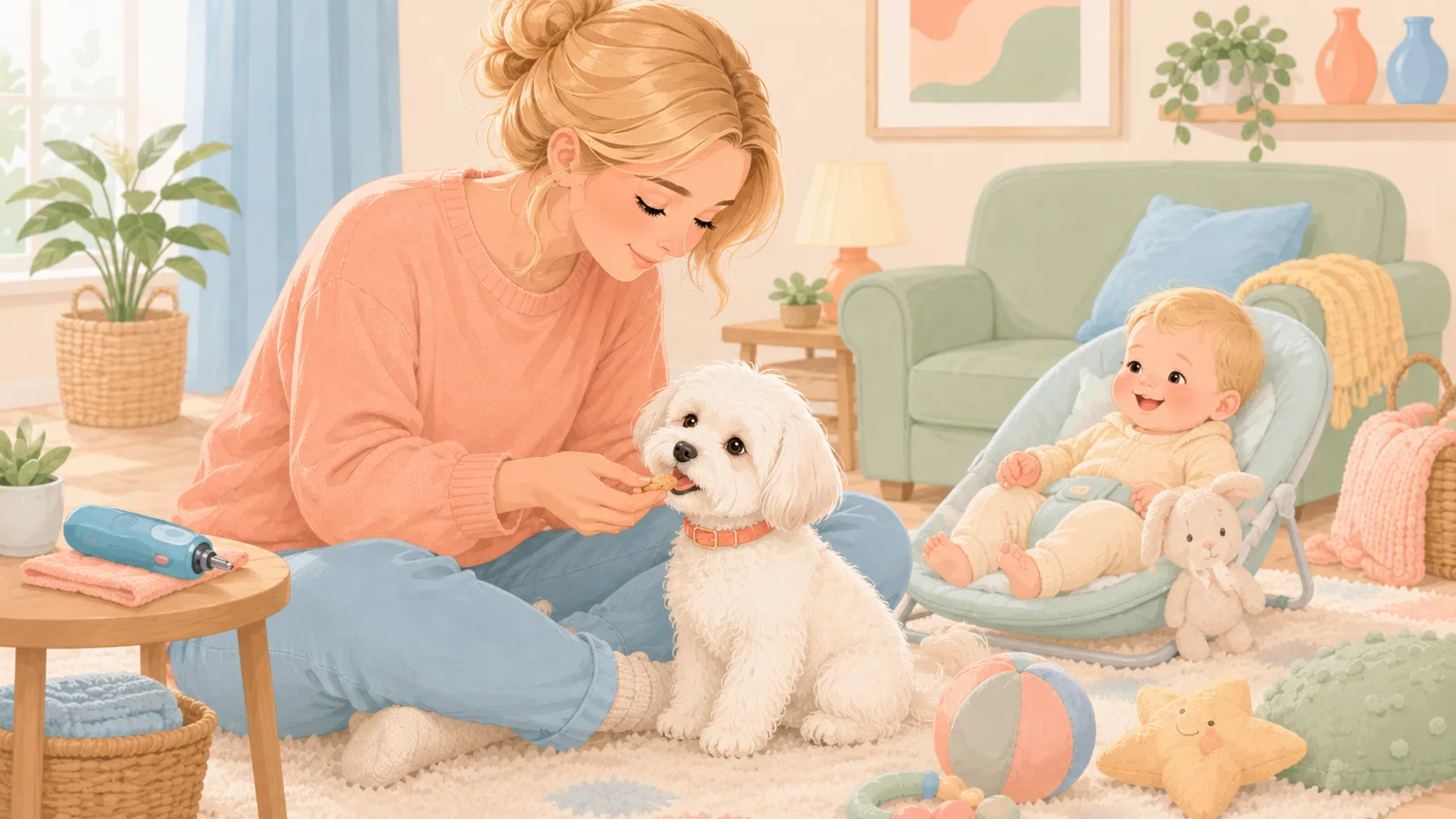 Illustration: the white Maltese getting a treat after nail care, grinder set aside, baby in a bouncer