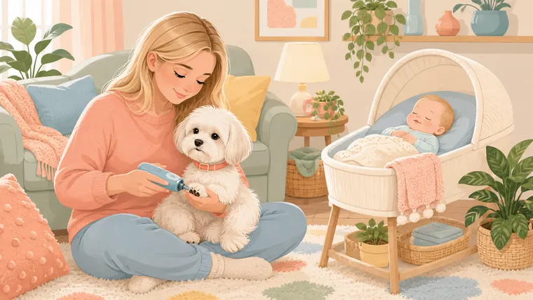 Editorial illustration of a parent grinding a calm white Maltese nails while a baby sleeps in a bassinet