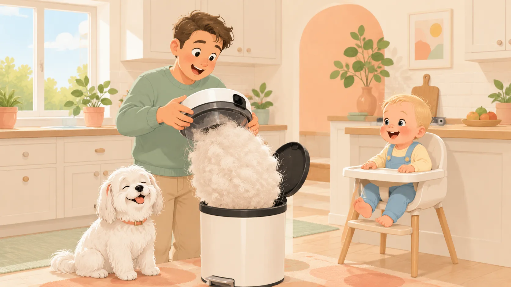 Illustration: a parent empties the robot's dustbin and confronts an enormous ball of fur while the dog looks proud