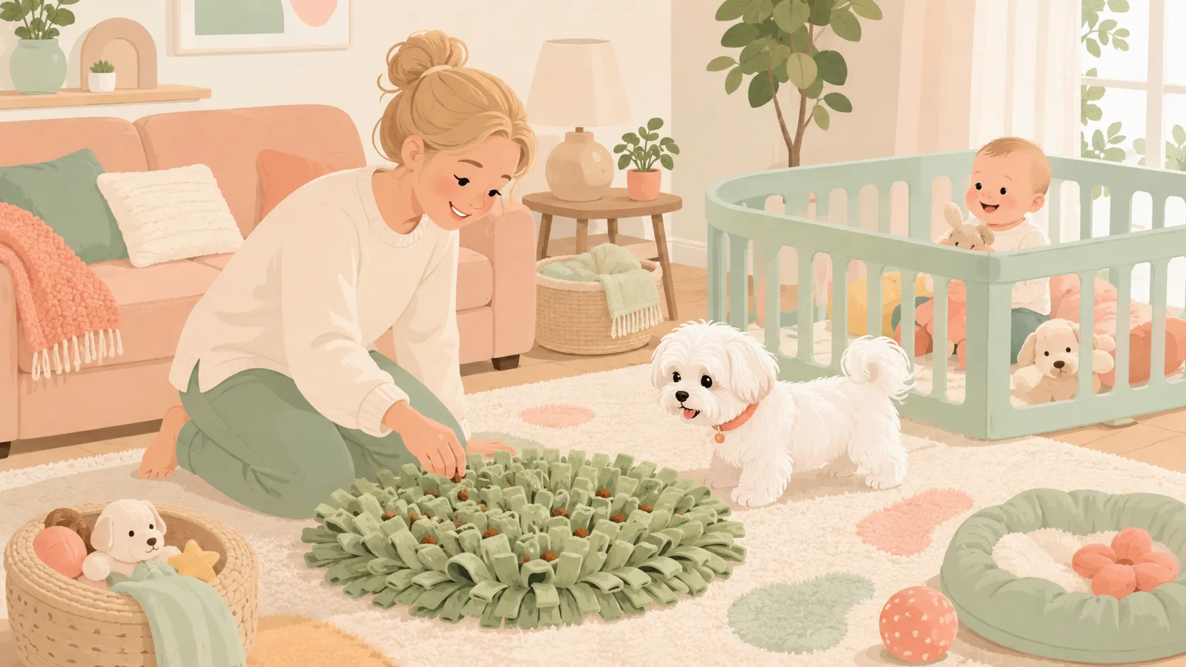 Illustration: a parent scattering kibble into a snuffle mat as the white Maltese watches and a baby plays in a playpen