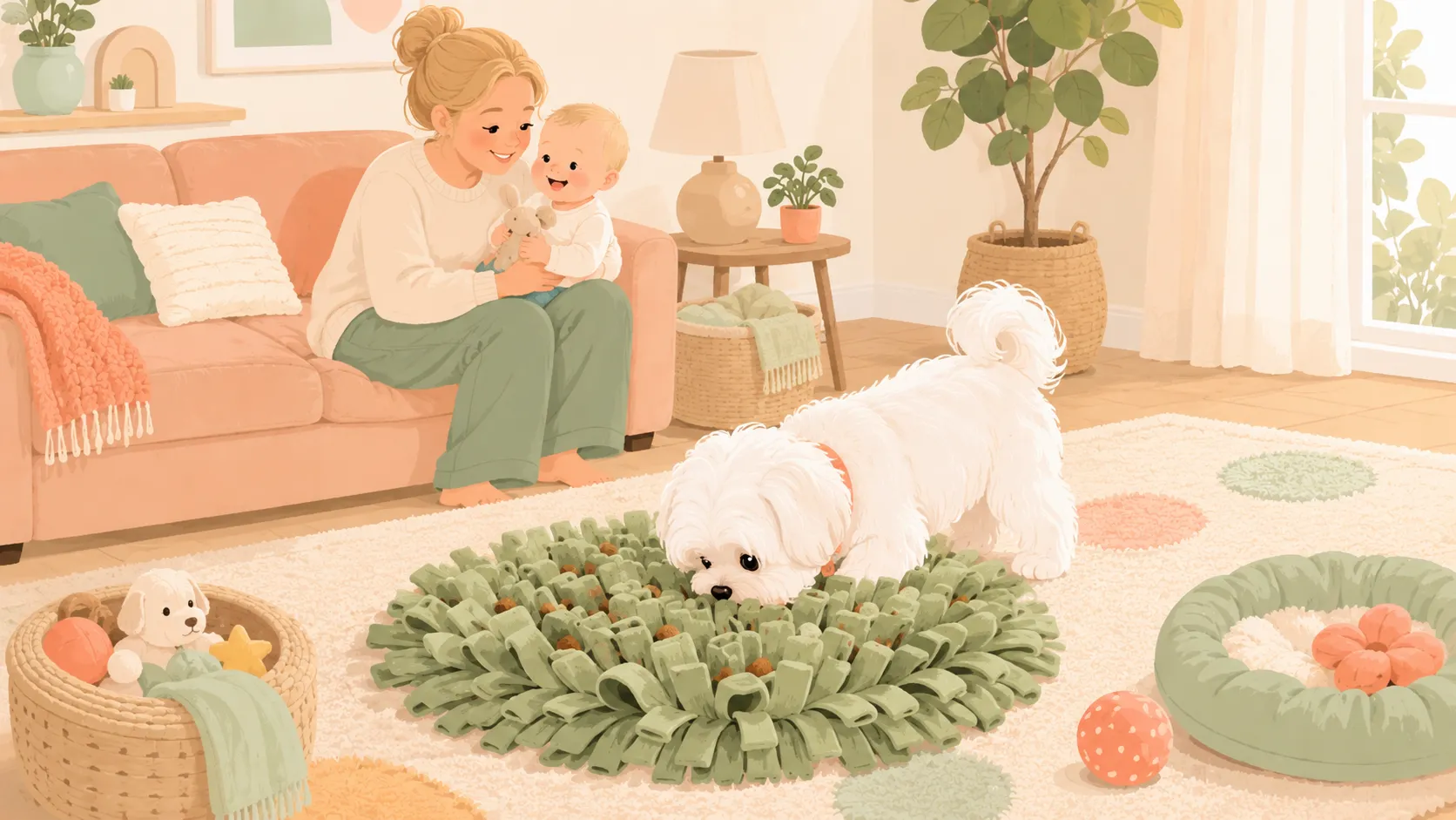 Illustration: the white Maltese nosing deep into a snuffle mat while a parent relaxes with the baby