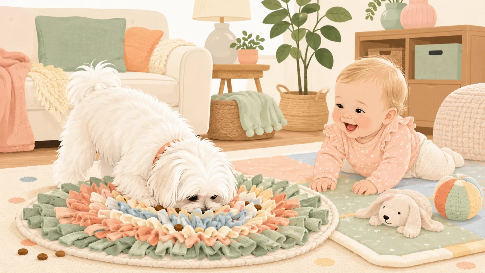 Editorial illustration of a white Maltese nosing through a snuffle mat while a baby watches from a play mat
