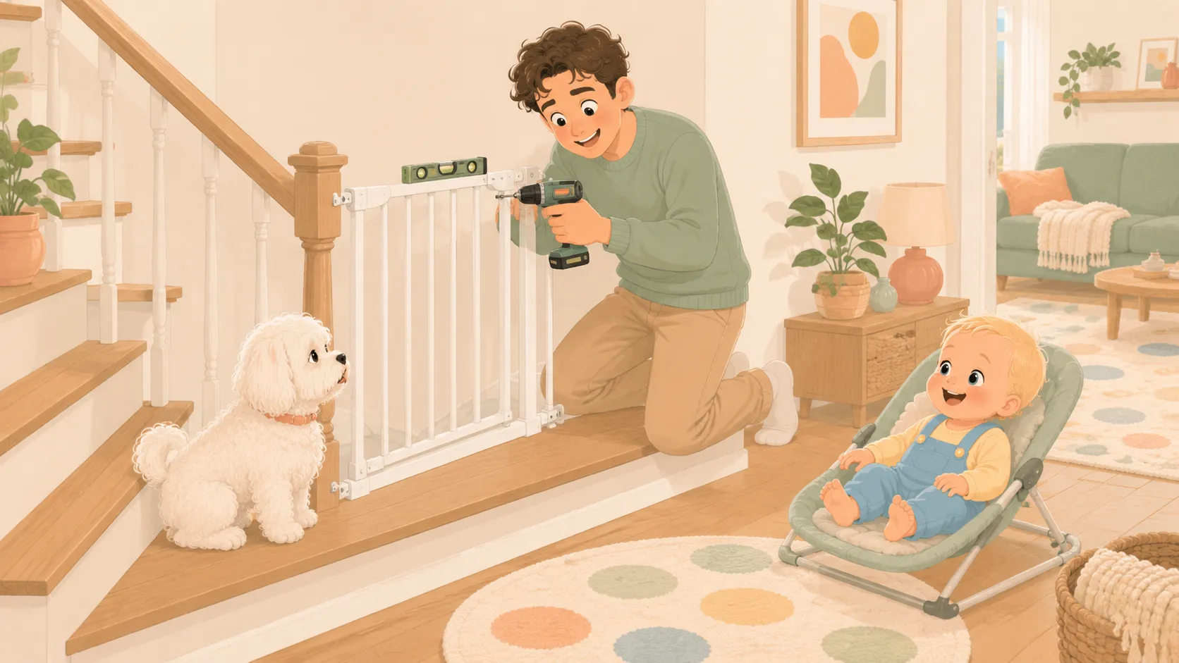 Illustration: installing the angle-mount gate with drill and level while the dog supervises like a foreman