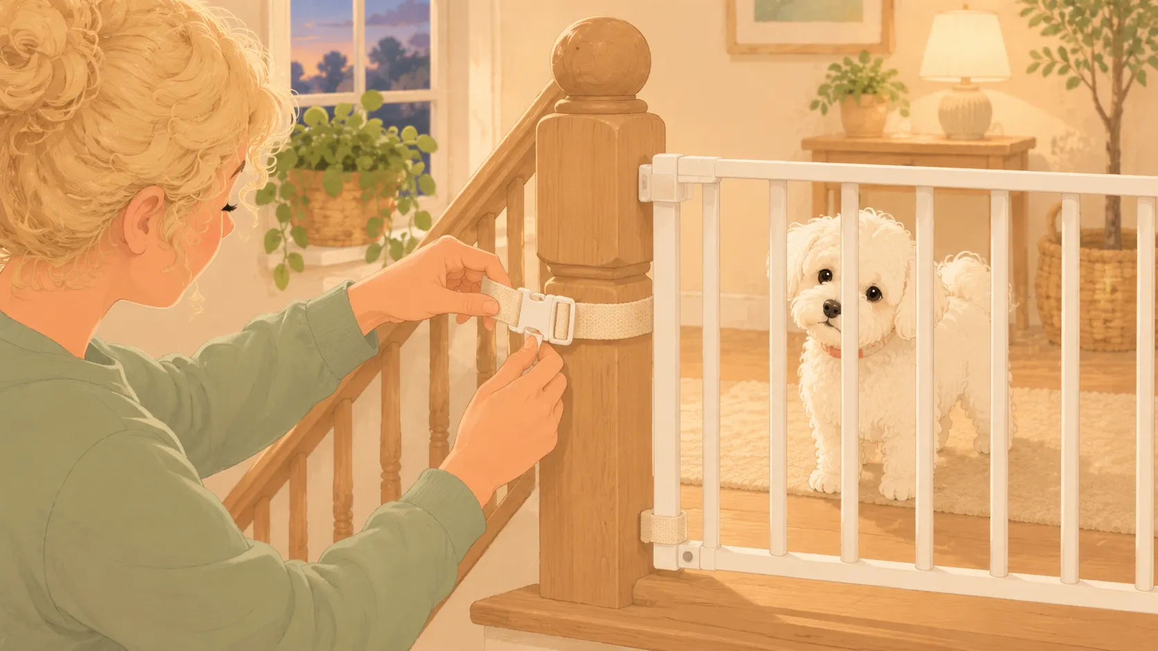 Illustration: the strap kit hugs the banister post — no drilling into the woodwork