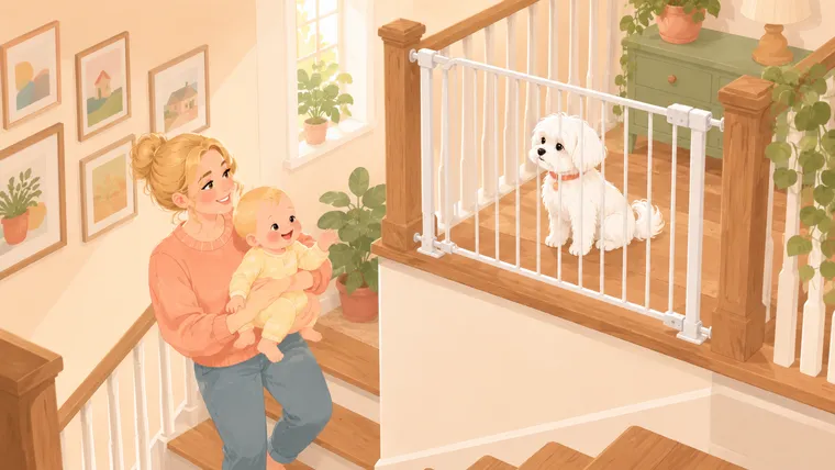 Illustration of a Maltese waiting behind a hardware-mounted gate at the top of the stairs while a parent carries the baby up