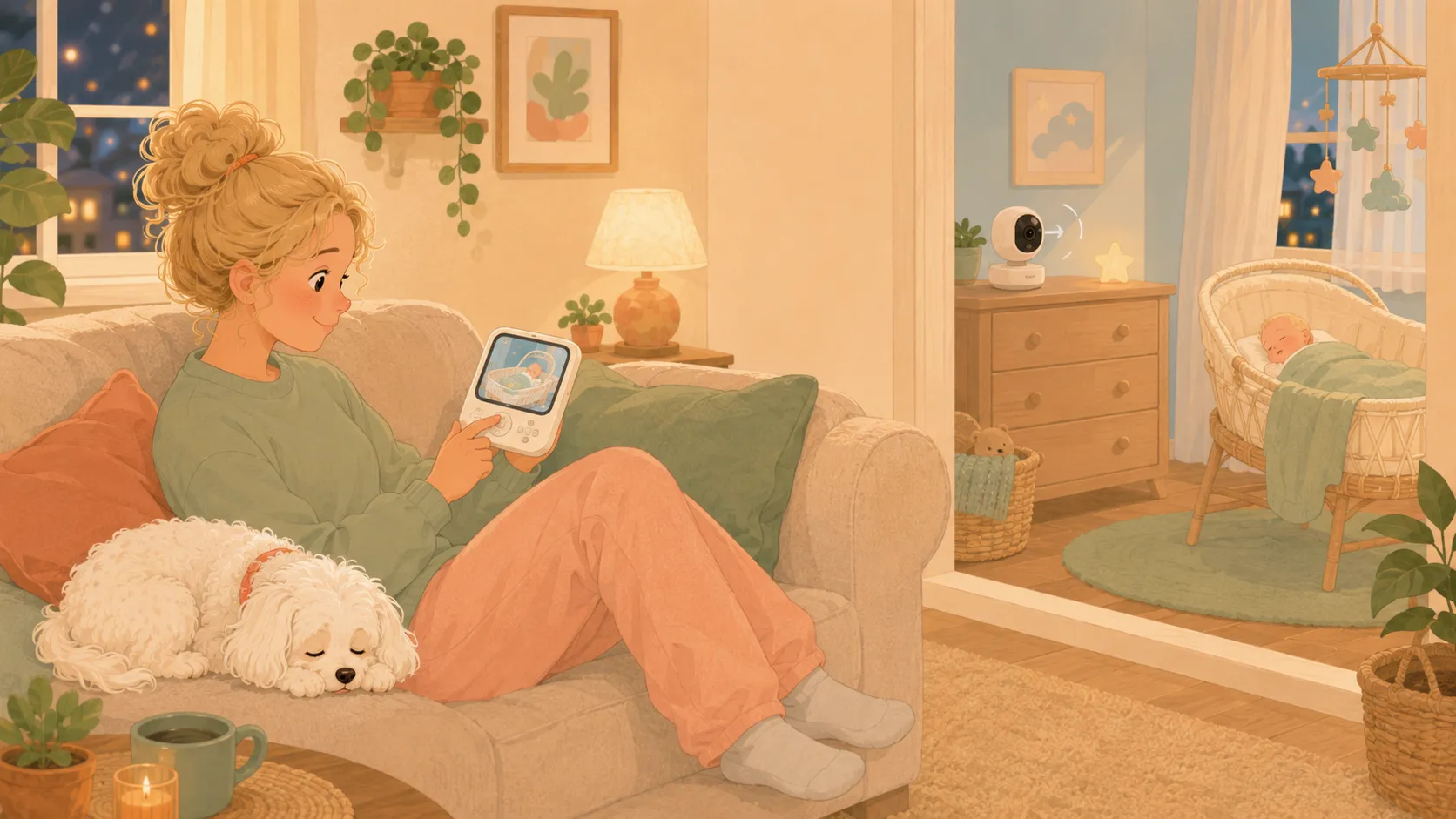 Illustration: pan-and-tilt from the sofa — the camera turns to find the relocated bassinet