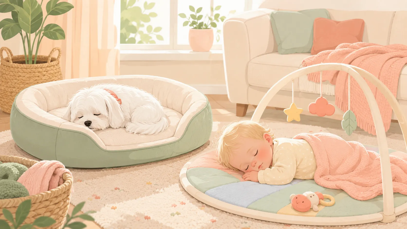 Illustration: the white Maltese curled up on a fresh clean dog bed while a baby naps nearby