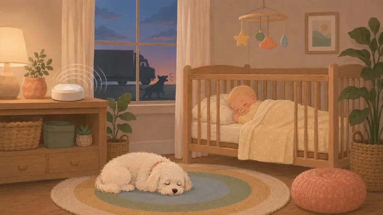 Illustration of a baby sleeping in a nursery with a sound machine on the dresser while a delivery truck and barking dog pass outside the window