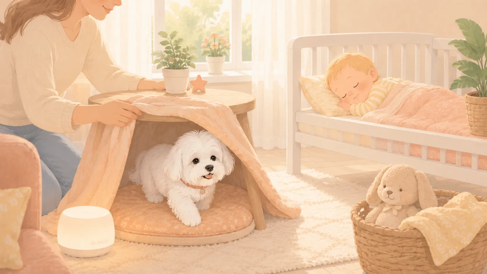 Illustration: the white Maltese tucked into a blanket den under a side table while a white noise machine glows nearby and the baby sleeps peacefully in a crib across the room