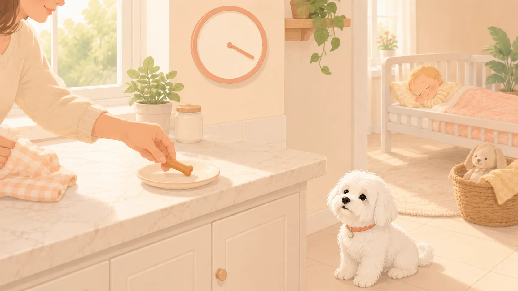 Illustration: a hand setting out a single calming chew on a plate beside a clock reading roughly 30 minutes before the fireworks, while the Maltese waits hopefully and the baby naps in the background