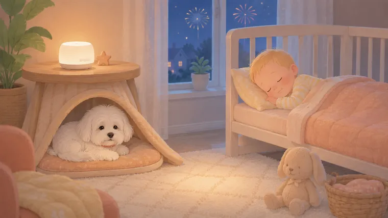 Editorial illustration of a white Maltese curled in a cozy den under a side table during a fireworks night, a white noise machine glowing nearby, while the baby sleeps in a crib across the room
