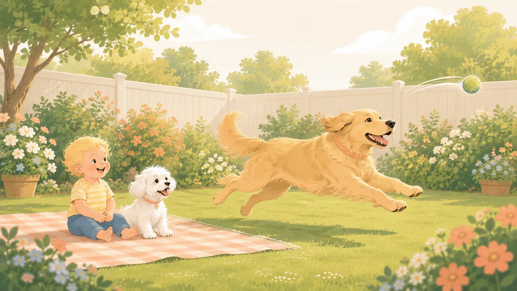 Illustration: a medium-size golden dog mid-sprint across a sunny lawn chasing a launched ball, while the baby and the small white Maltese watch from a picnic blanket in the foreground