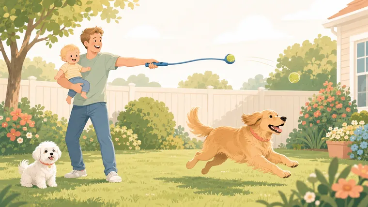 Editorial illustration of a parent flinging a ball with a Chuckit! launcher one-handed while holding the baby on the other hip, as a friendly medium-size golden dog sprints across a sunny backyard and a small white Maltese watches from the grass
