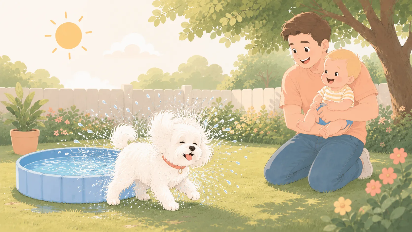 Illustration: the white Maltese mid-shake beside a folding backyard pool while a parent holds a baby safely back on the grass