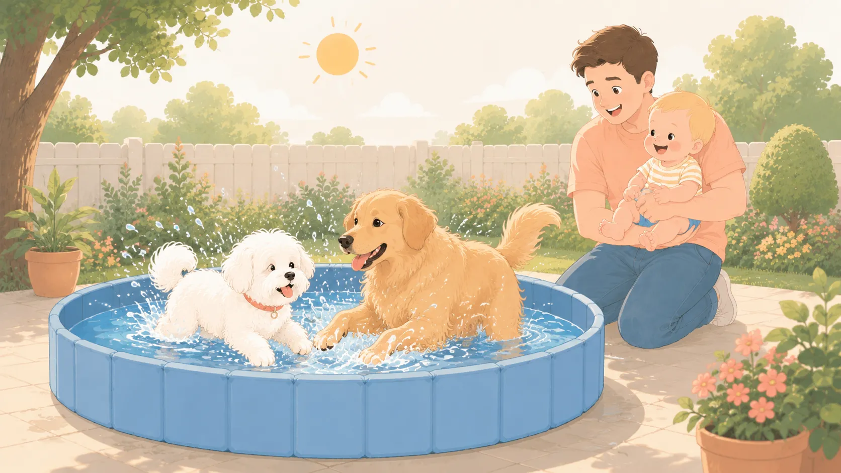 Illustration: a large folding pool with two dogs while a toddler is held a safe distance away by a parent on a smooth patio