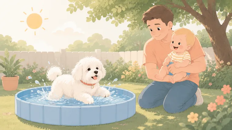 Editorial illustration of a white Maltese splashing in a folding backyard dog pool while a baby watches from a parent's arms on the lawn