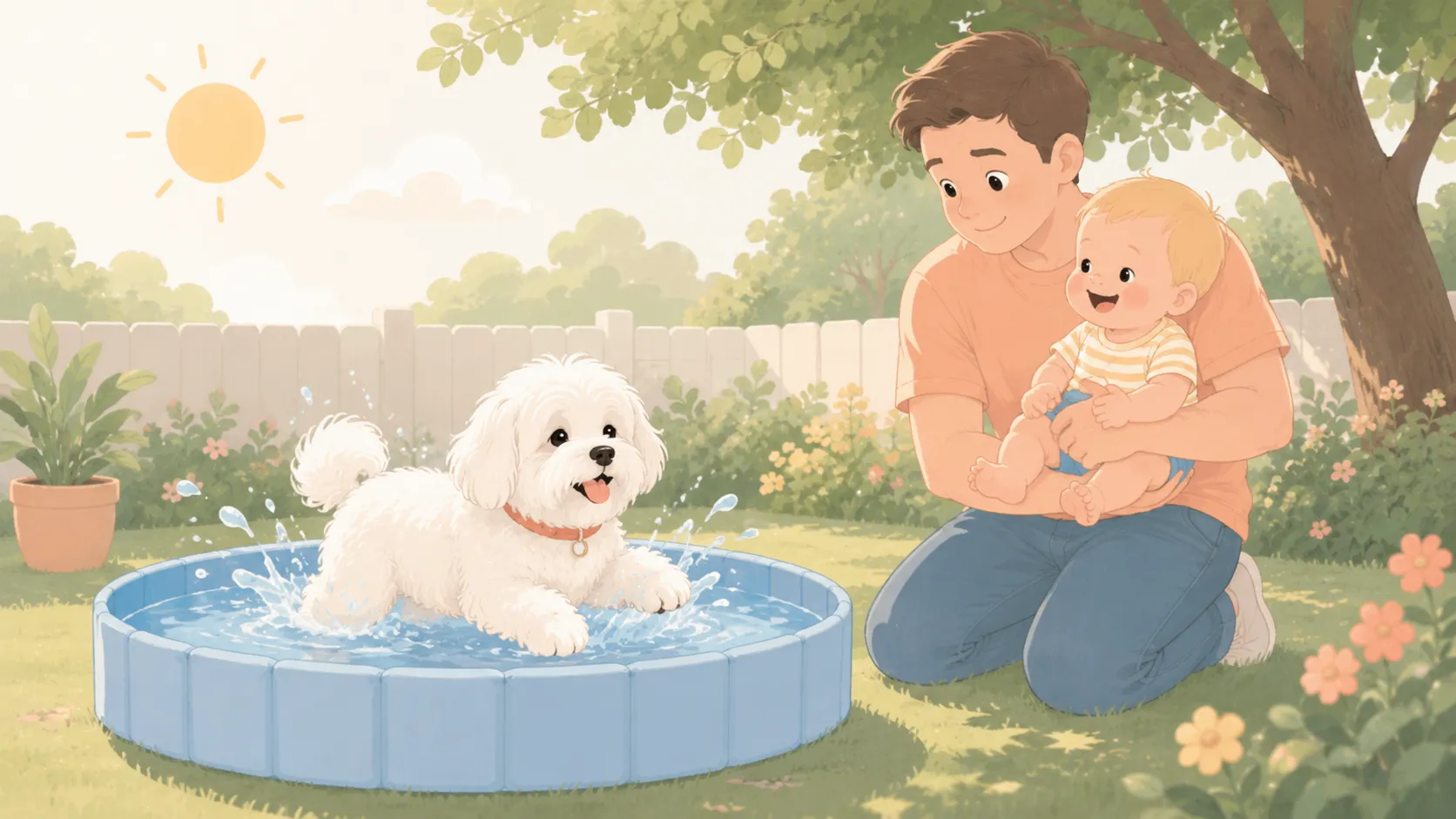 Editorial illustration of a white Maltese splashing in a folding backyard dog pool while a baby watches from a parent's arms on the lawn