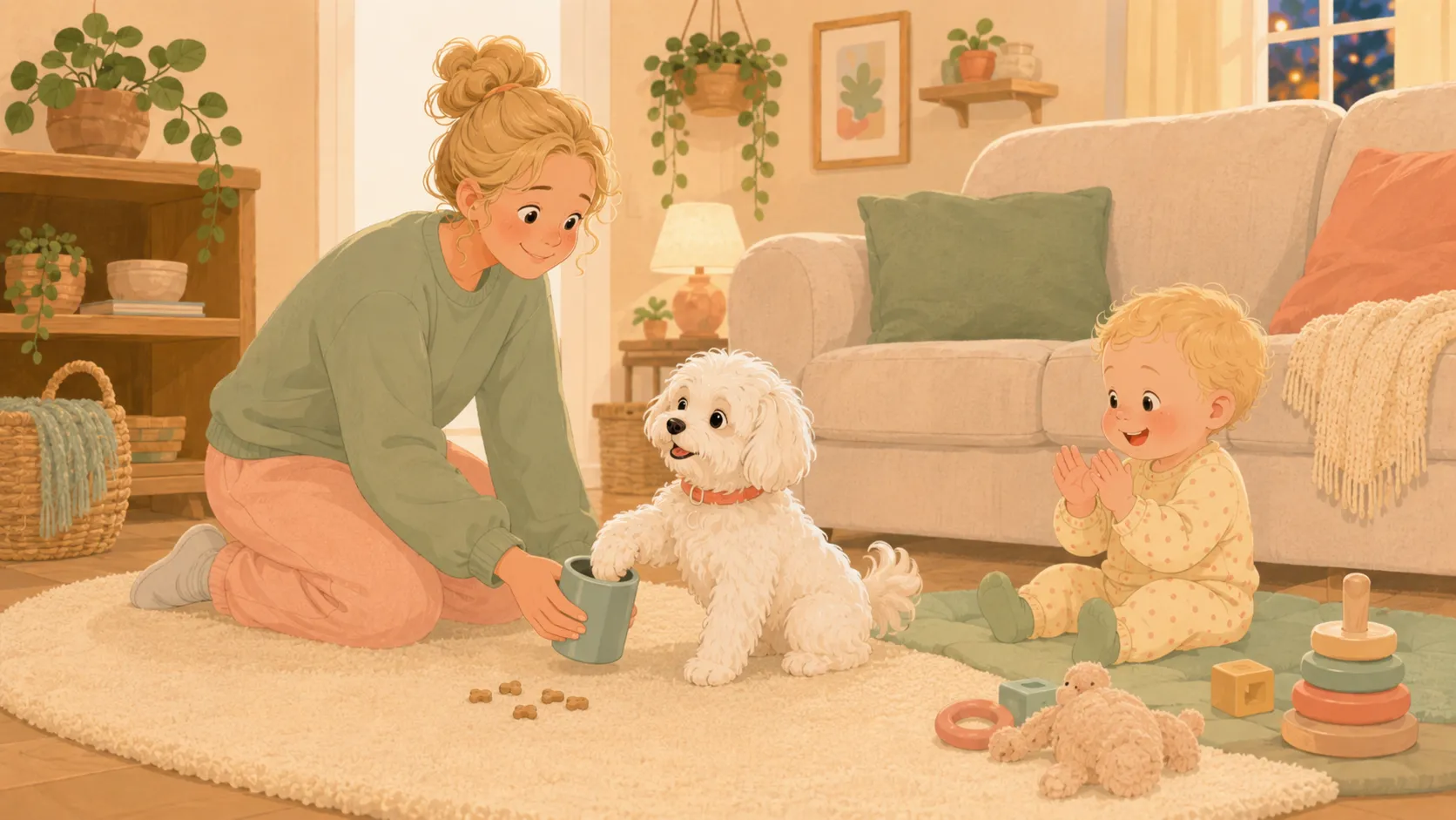 Illustration: dry-cup practice with treats — the dog holds a paw in the empty cup and looks very proud