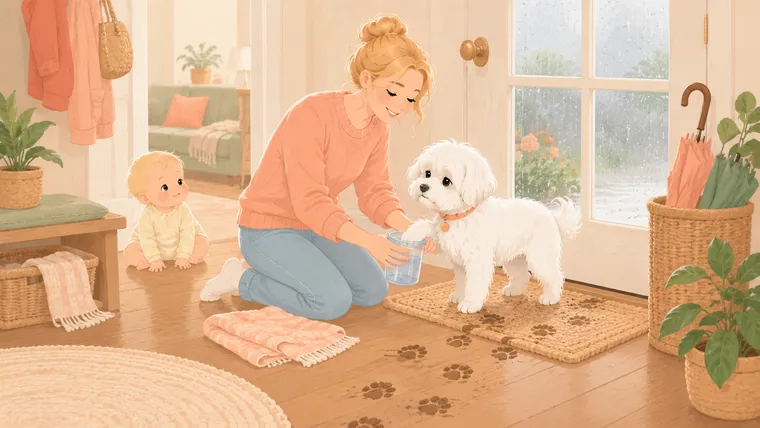 Illustration of a parent washing a Maltese’s muddy paw in a cup at the door on a rainy day while the baby watches from inside