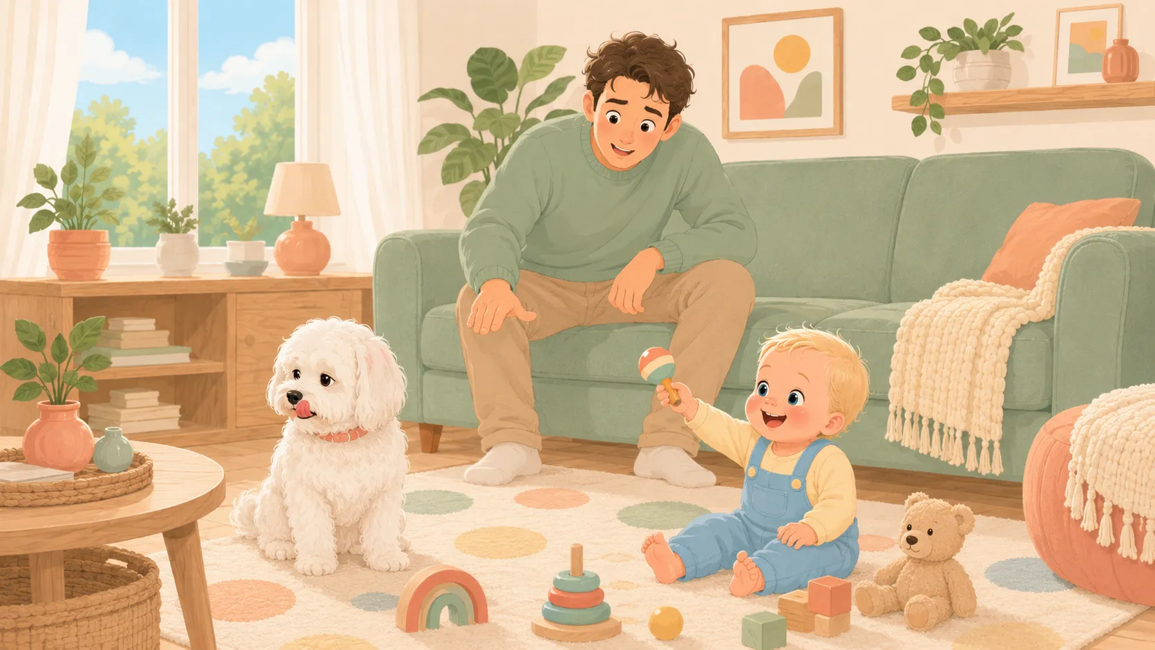 Illustration: the dog lip-licks and turns its head from the reaching baby while the parent notices and calls it over