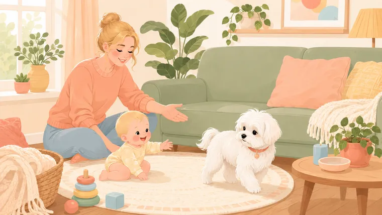 Illustration of a baby reaching toward a white Maltese dog that politely turns its head away while a parent watches attentively