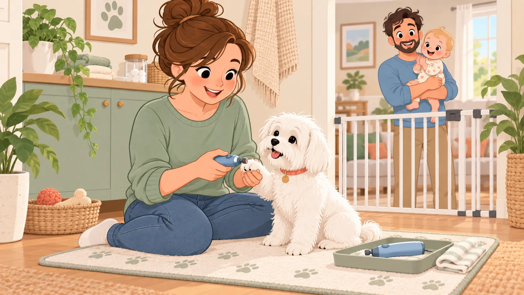 A parent uses the guarded grinder for one brief nail contact while the baby stays behind a distant gate
