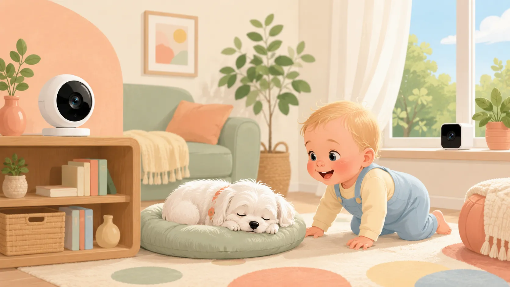 Illustration: the fancy treat-tossing camera and the tiny budget cube camera, with the dog napping between them