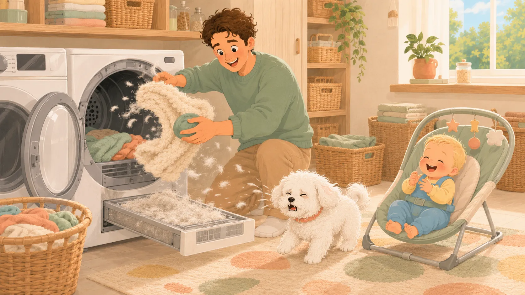 Illustration: the dry-tumble toss — blanket and disc into the dryer, fur poofing, the lint screen already full