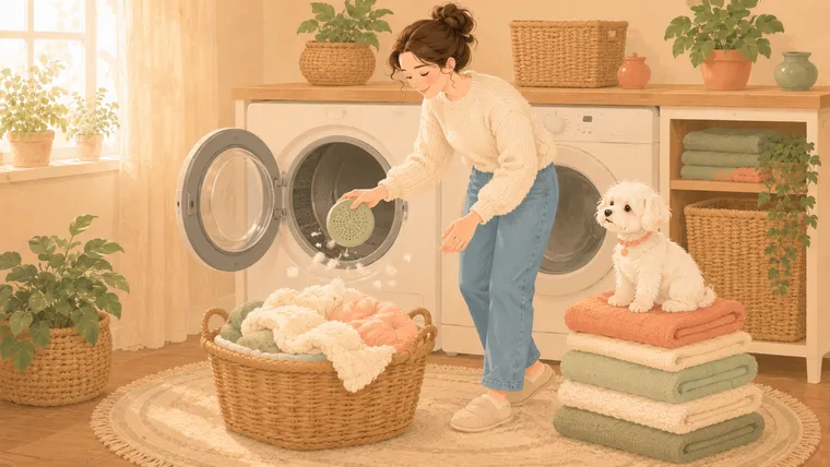 Illustration of a parent holding a small round disc over an open dryer with fur lifting off baby blankets while a Maltese sits on the folded laundry