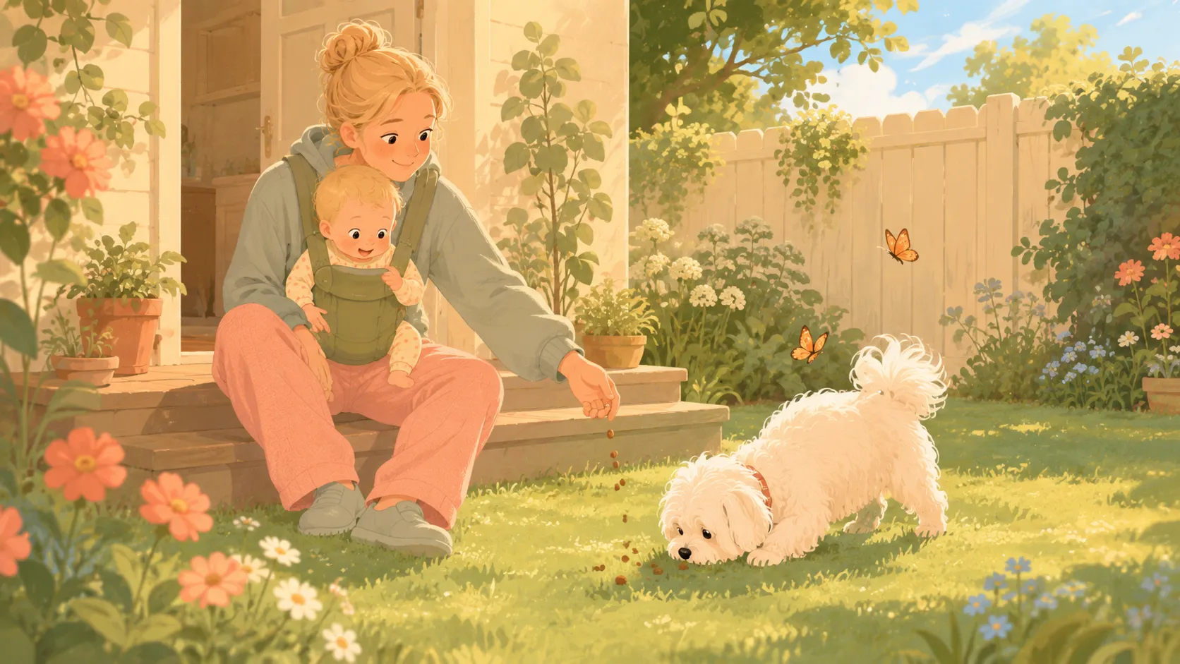 Illustration: the dog joyfully sniffs out scattered kibble in the yard while the parent tosses another handful, baby in carrier
