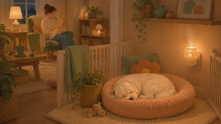 Illustration of a Maltese curled peacefully in a donut bed in a gated nook while a parent rocks the baby across the room