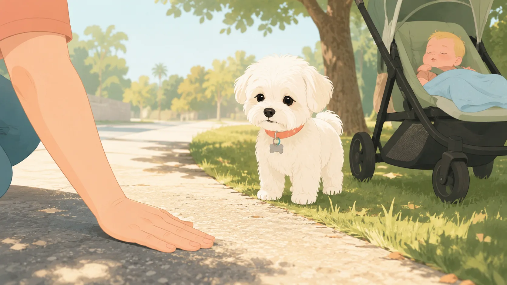 Illustration: a parent kneels on a sunny sidewalk pressing the back of one hand to the pavement to test the heat, the white Maltese sitting patiently in a sliver of shade beside a stroller holding the baby