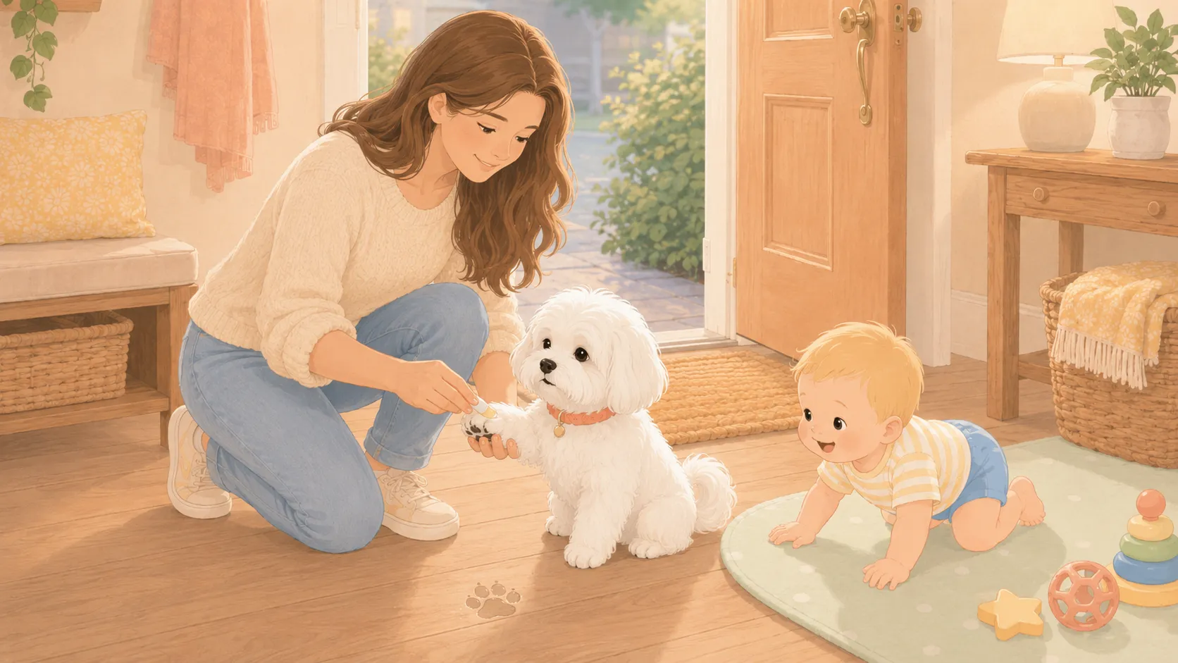 Illustration: a parent rubs paw wax onto the white Maltese's lifted paw at the front door, a faint waxy pawprint on the floor nearby, the baby crawling toward it on a play mat just out of reach