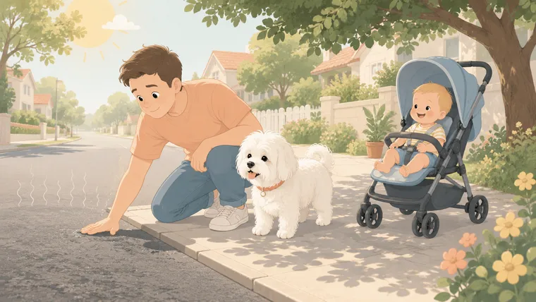 Editorial illustration of a white Maltese pausing on shimmering hot asphalt while a parent kneels to press the back of a hand to the pavement, a stroller with a baby waiting in the shade nearby