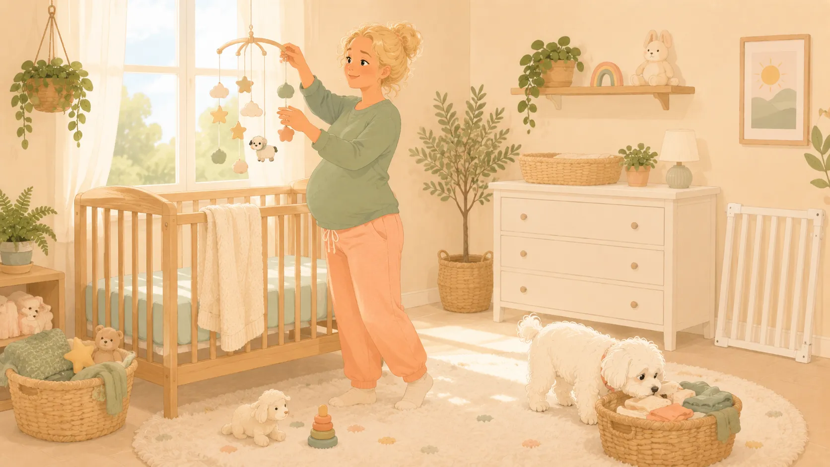 Illustration: a pregnant parent prepares the nursery while the dog calmly explores beside them