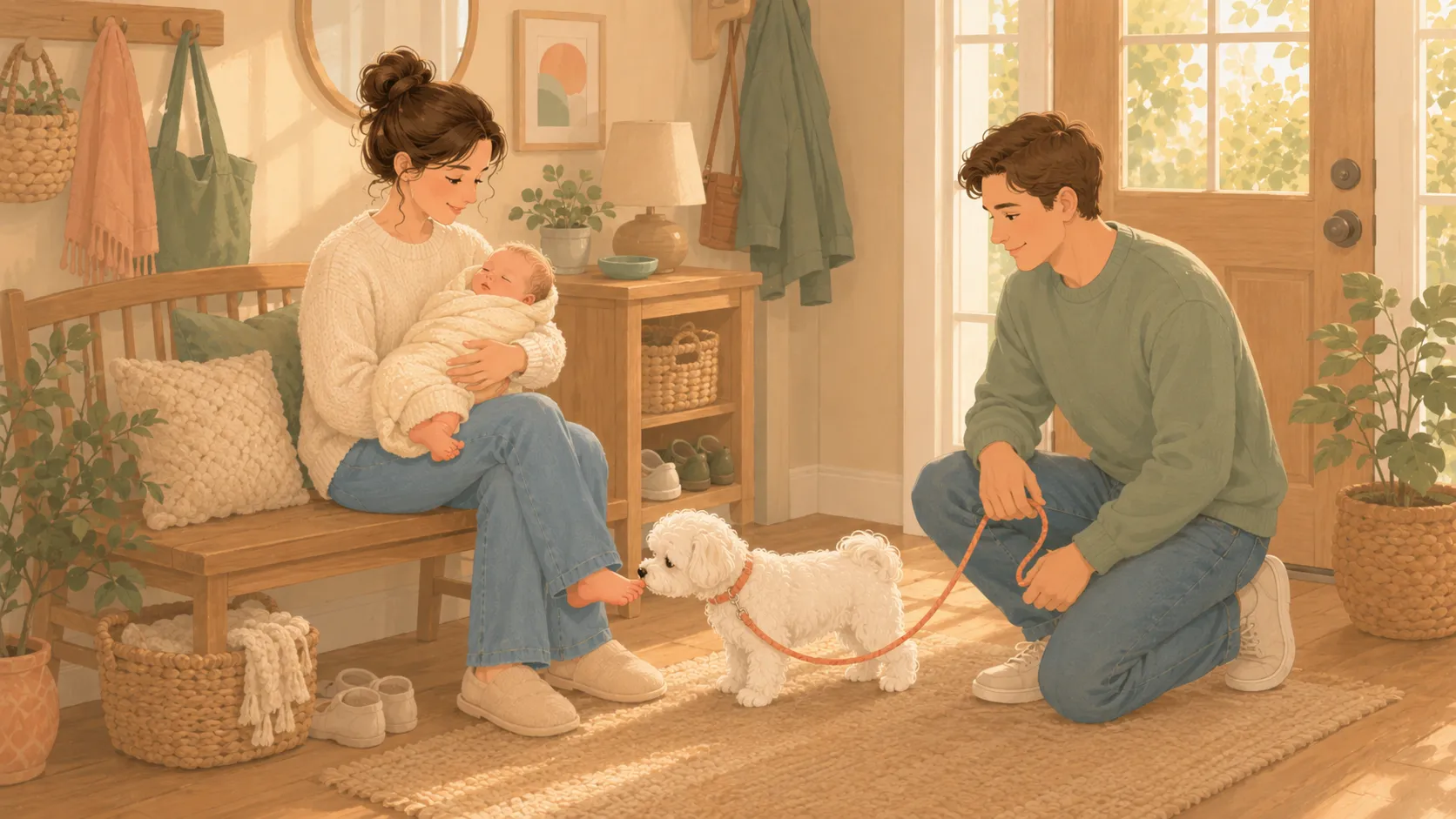 Illustration of a homecoming: a parent holds a swaddled newborn while a white Maltese dog on a loose leash gently sniffs the baby’s feet