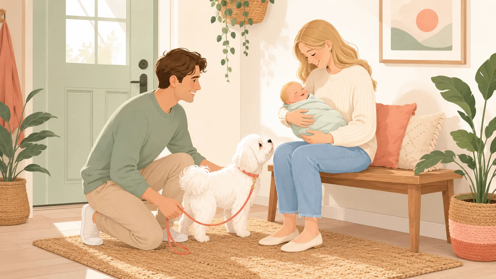 Illustration of a homecoming: a parent holds a swaddled newborn while a white Maltese dog on a loose leash gently sniffs the baby’s feet