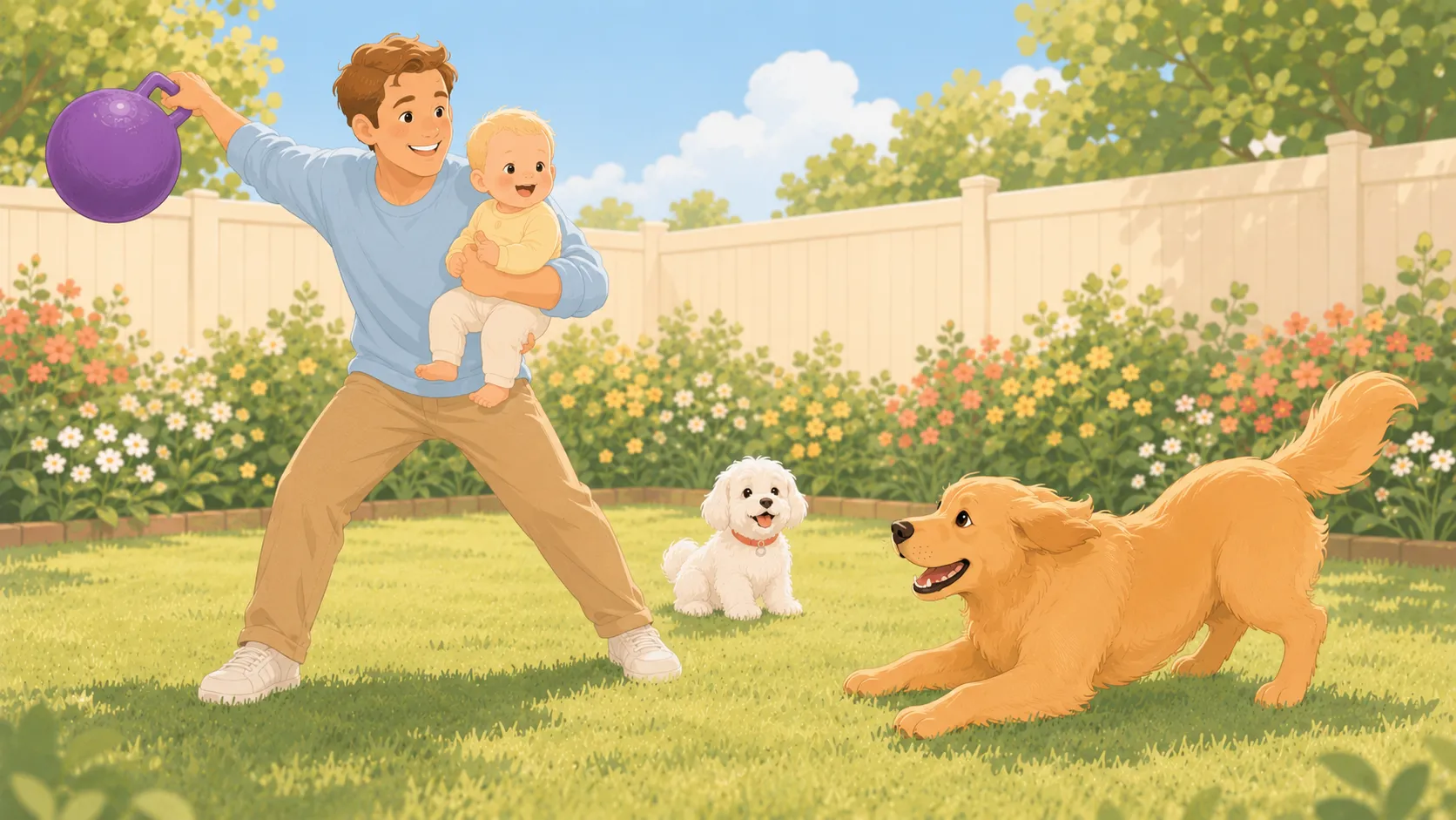 Illustration: a parent holding the baby on one hip lifts the purple Jolly Ball by its molded handle with the free hand, about to lob it, as a medium-size golden dog waits eagerly and the small white Maltese looks on