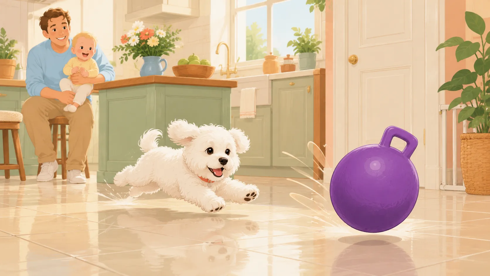 Illustration: the purple Jolly Ball bounces erratically across kitchen tile with the small white Maltese skidding after it, a closed nursery door in the background — the reason hard-floor clatter matters near nap time