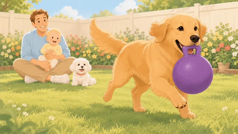 Editorial illustration of a friendly medium-size golden dog trotting proudly across a sunny backyard carrying a purple Jolly Ball by its molded handle, while a parent, the baby, and a small white Maltese watch from the grass