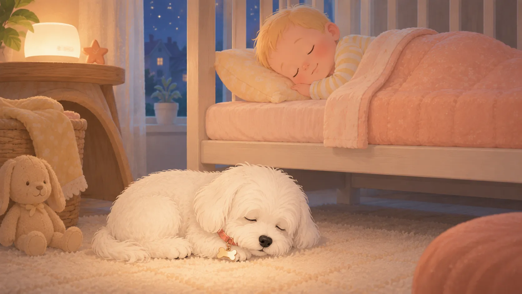 Illustration: the white Maltese wearing a shiny engraved bone-shaped tag with a small rubber silencer ring, sleeping quietly beside a baby crib