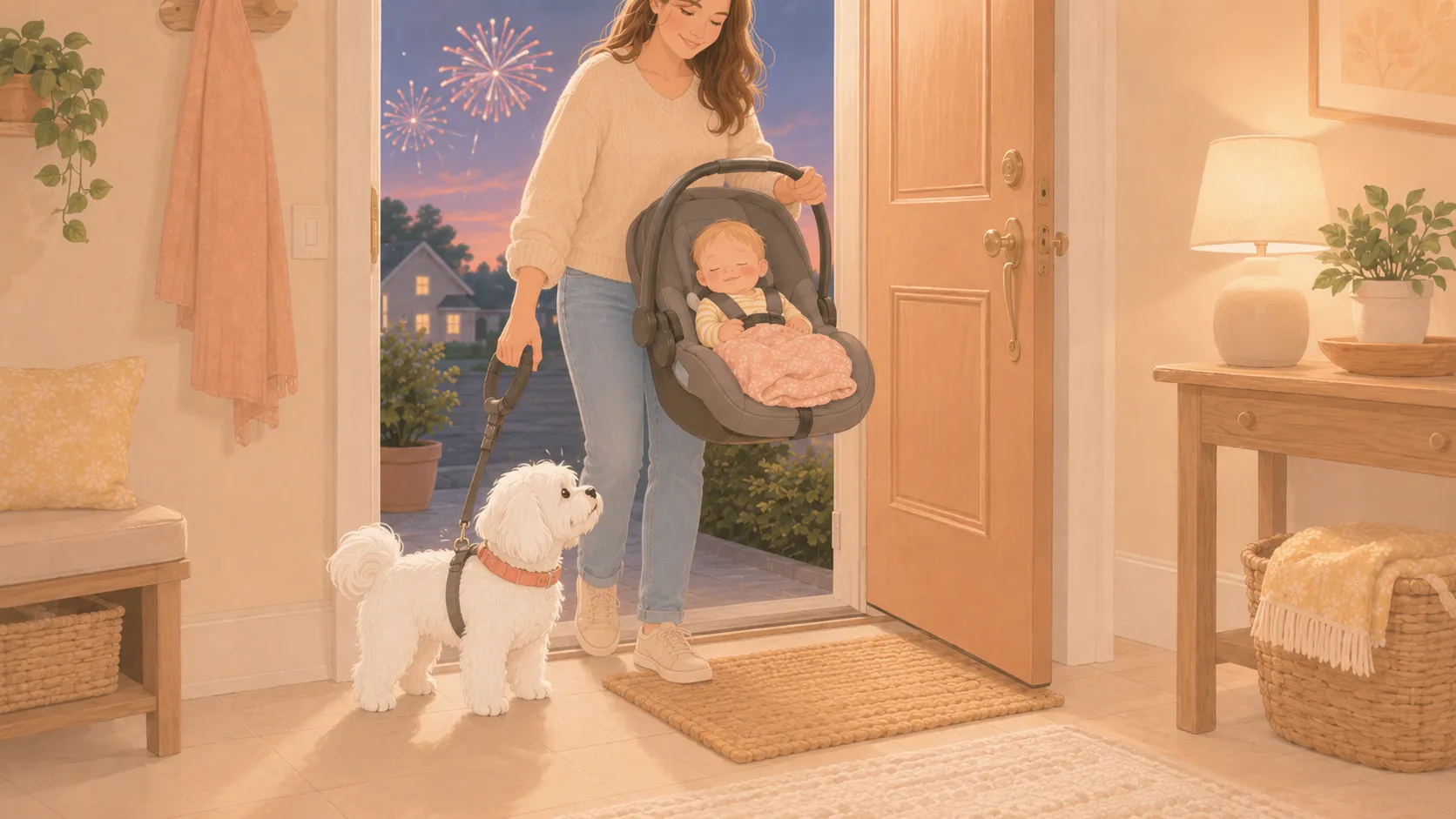 Illustration: a parent in a doorway holding a baby car seat in one arm while holding the leash of a harnessed dog at the door with the other, fireworks visible outside, the Maltese watching from inside