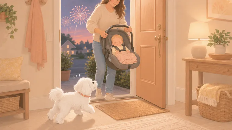 Editorial illustration of a startled white Maltese near an open front door on July 4th with fireworks in the sky, a parent holding a baby car seat in the doorway, in a warm flat vector style