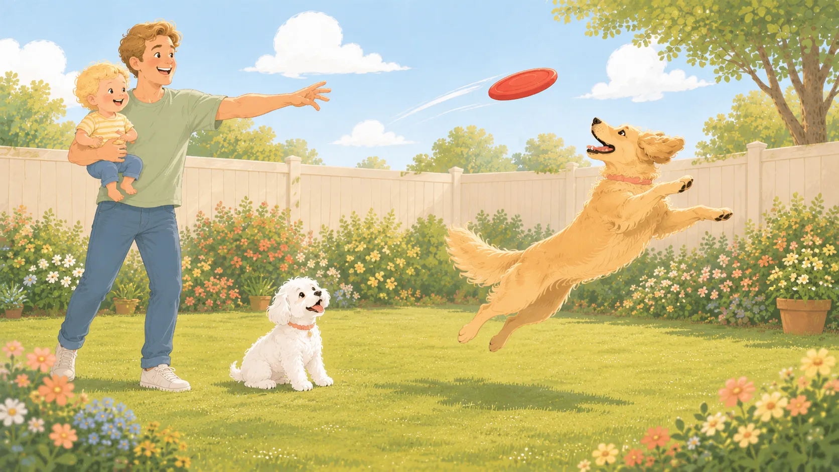 Illustration: a parent stands on the sunny lawn holding the baby on one hip and flings a red rubber disc one-handed as a medium-size golden dog races to leap for it, the little white Maltese watching from the grass