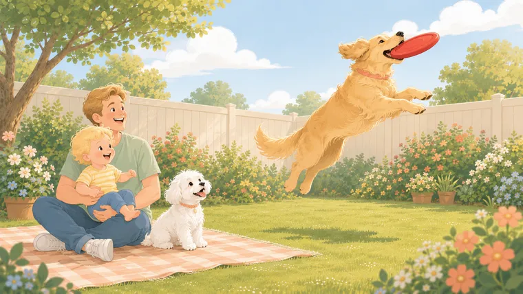 Editorial illustration of a friendly medium-size golden dog leaping to catch a red rubber flying disc in a sunny backyard while a parent holding the baby and a small white Maltese watch from a picnic blanket