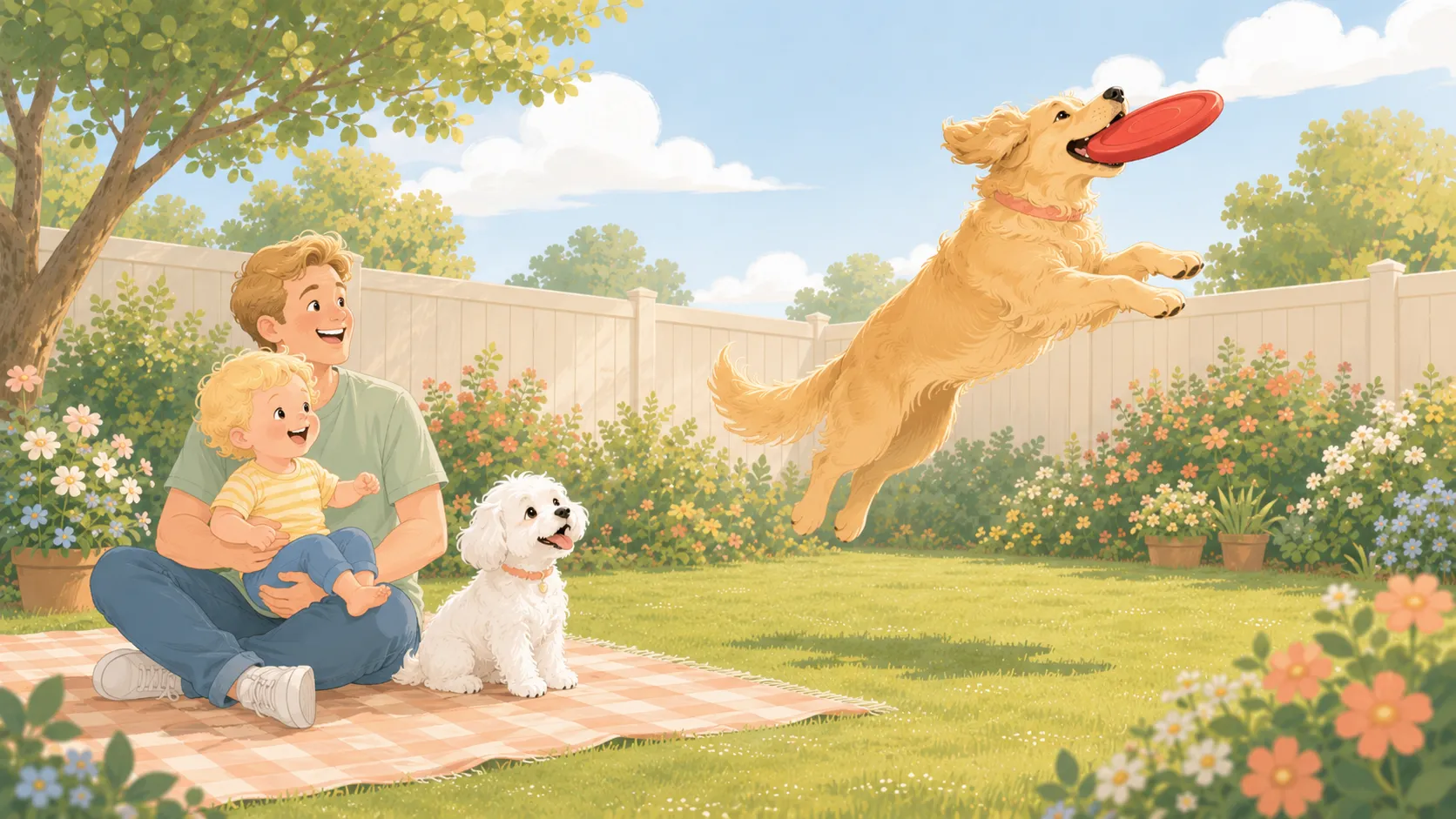 Editorial illustration of a friendly medium-size golden dog leaping to catch a red rubber flying disc in a sunny backyard while a parent holding the baby and a small white Maltese watch from a picnic blanket