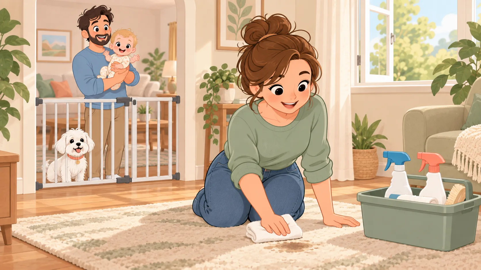 A parent blots a treated rug while the baby and dog remain together behind a closed gate