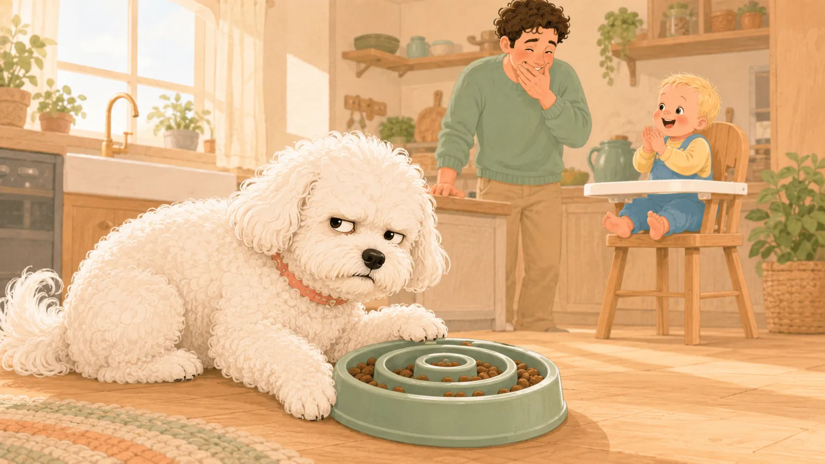 Illustration: week one — the dog gives the new maze bowl a deeply betrayed look
