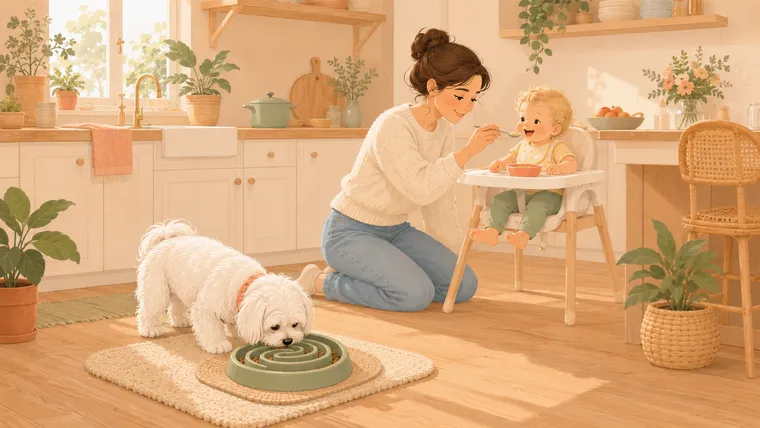 Illustration of a Maltese working kibble out of a spiral maze bowl while a parent feeds the baby in a high chair nearby