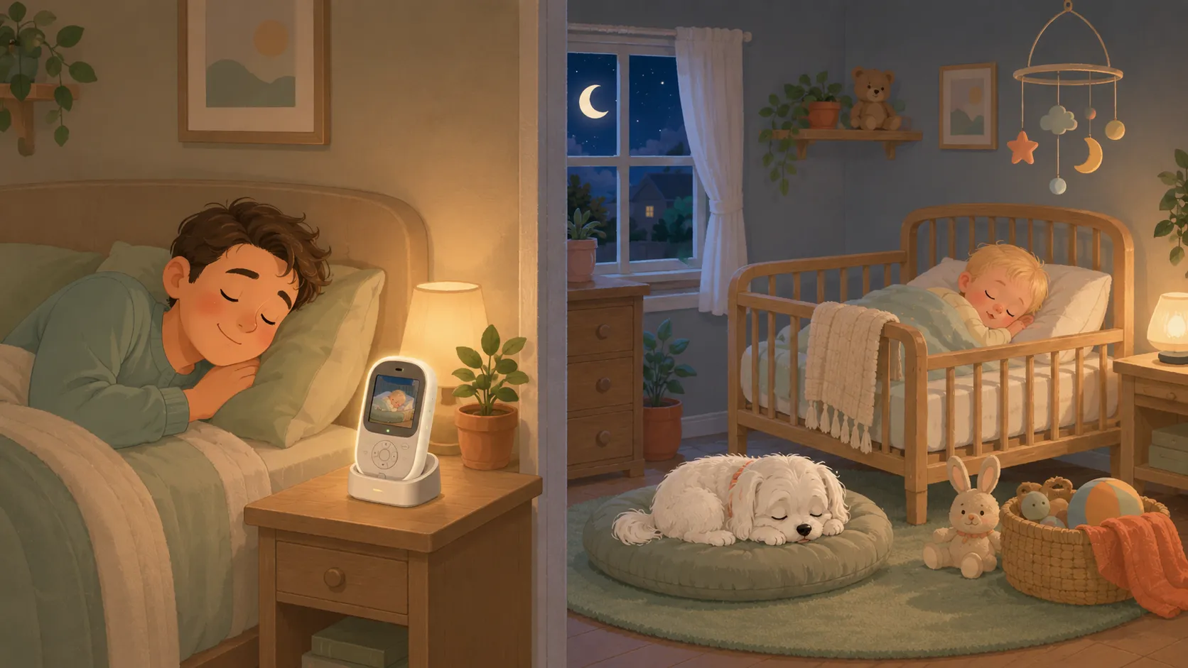 Illustration: the dedicated monitor glows on the nightstand beside a sleeping parent while the baby and dog sleep in the next room